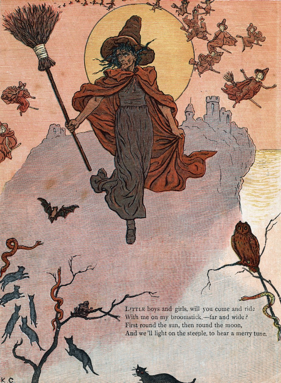 Une sorcière et son balai entourée de chats noirs, chauve-souris et hibou. (Petits garçons et filles, voulez-vous venir et monter avec moi sur mon balai ?) Illustration de Kate Greenaway (1846-1901) du livre de contes et comptines pour enfants "Under The W - Kate Greenaway
