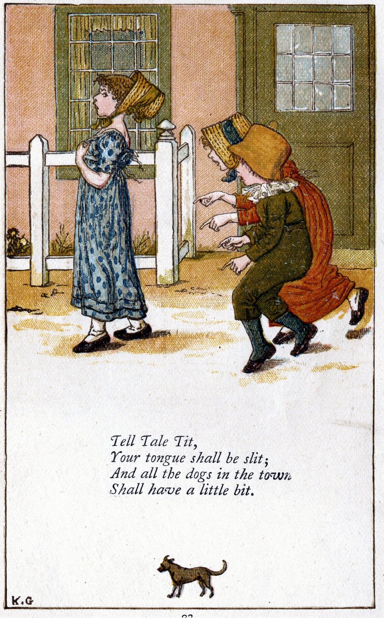 Tell tale tit / Ta langue sera fendue : Illustration de Kate Greenaway (1846-1901) pour un livre de comptines. Chromolithographie - Kate Greenaway