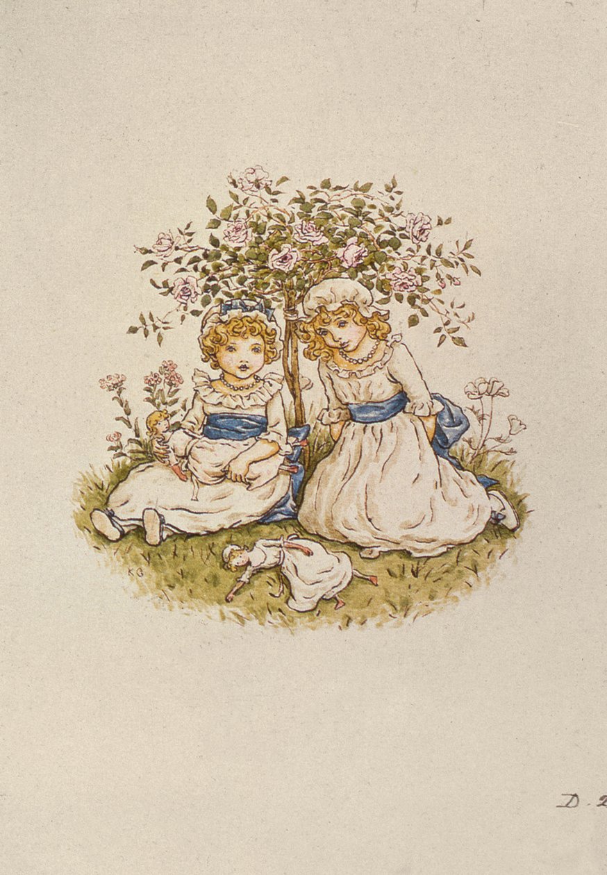 Deux filles avec des poupées assises sous un rosier, 19ème siècle - Kate Greenaway