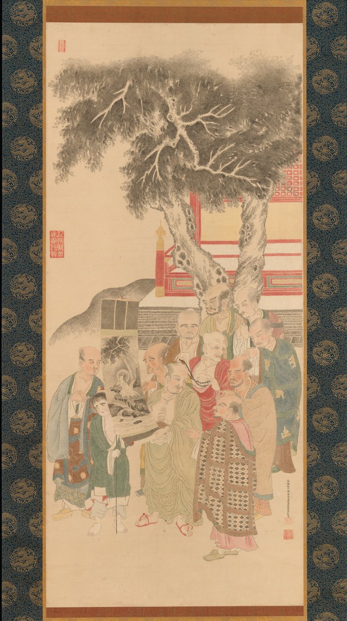 Dix Rakan examinant une peinture de Kannon en robe blanche, 1792 - Kato Nobukiyo