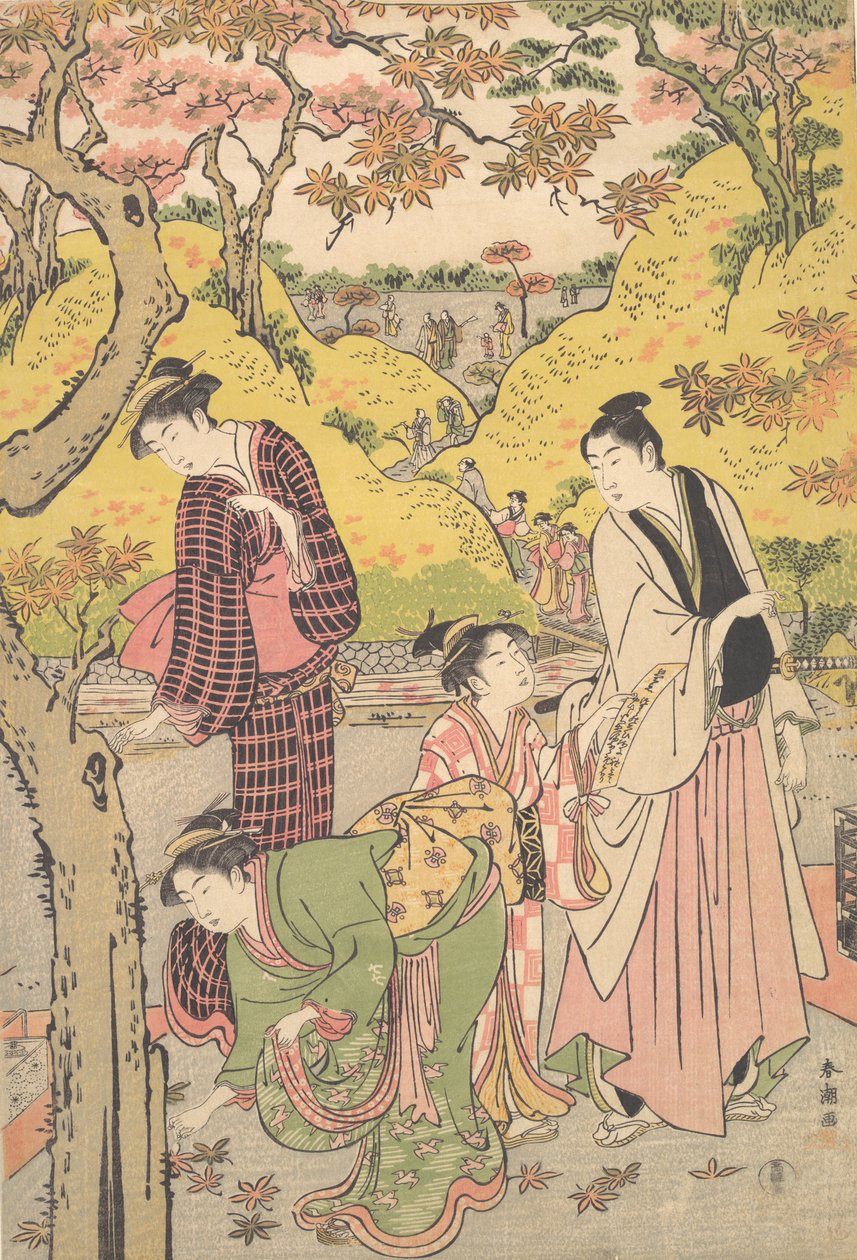Un jeune homme, deux jeunes femmes et une fille à un pique-nique, vers 1789 - Katsukawa Shuncho