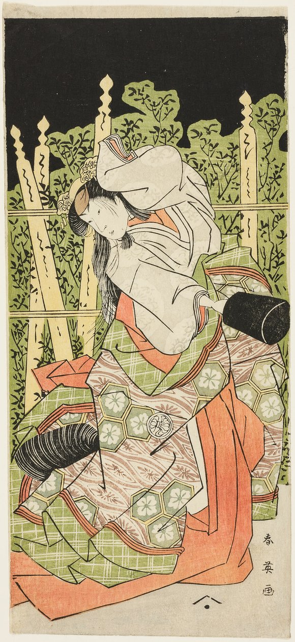 Acteur Segawa Kikunojô III Peut-être Ono no Komachi dans "Komachi Village : Nouvelle année au théâtre" ("Komachimura shibai no shôgatsu") - Katsukawa Shun