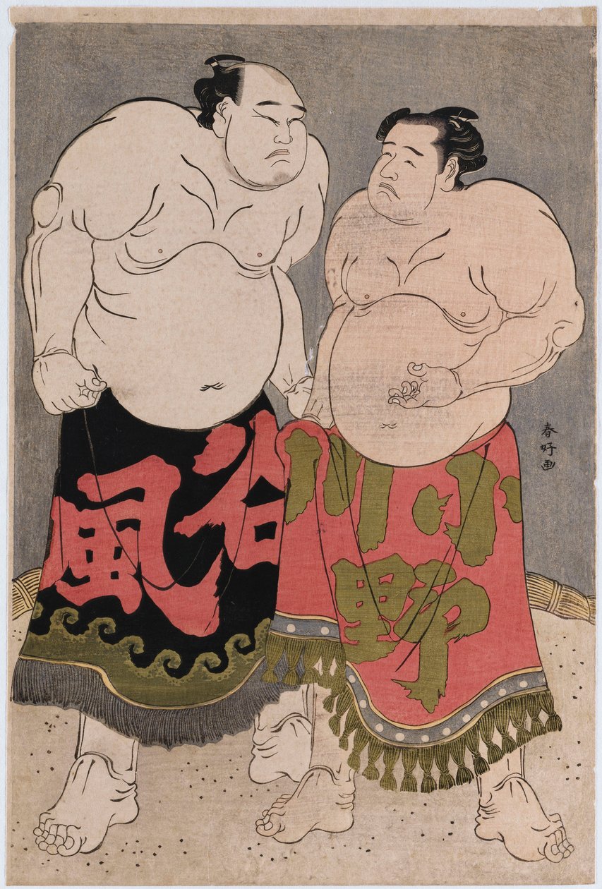 Portraits en pied des lutteurs Onogawa Kisaburo, à droite, et Tanizake Kajinosuke, à gauche - Katsukawa Shunko