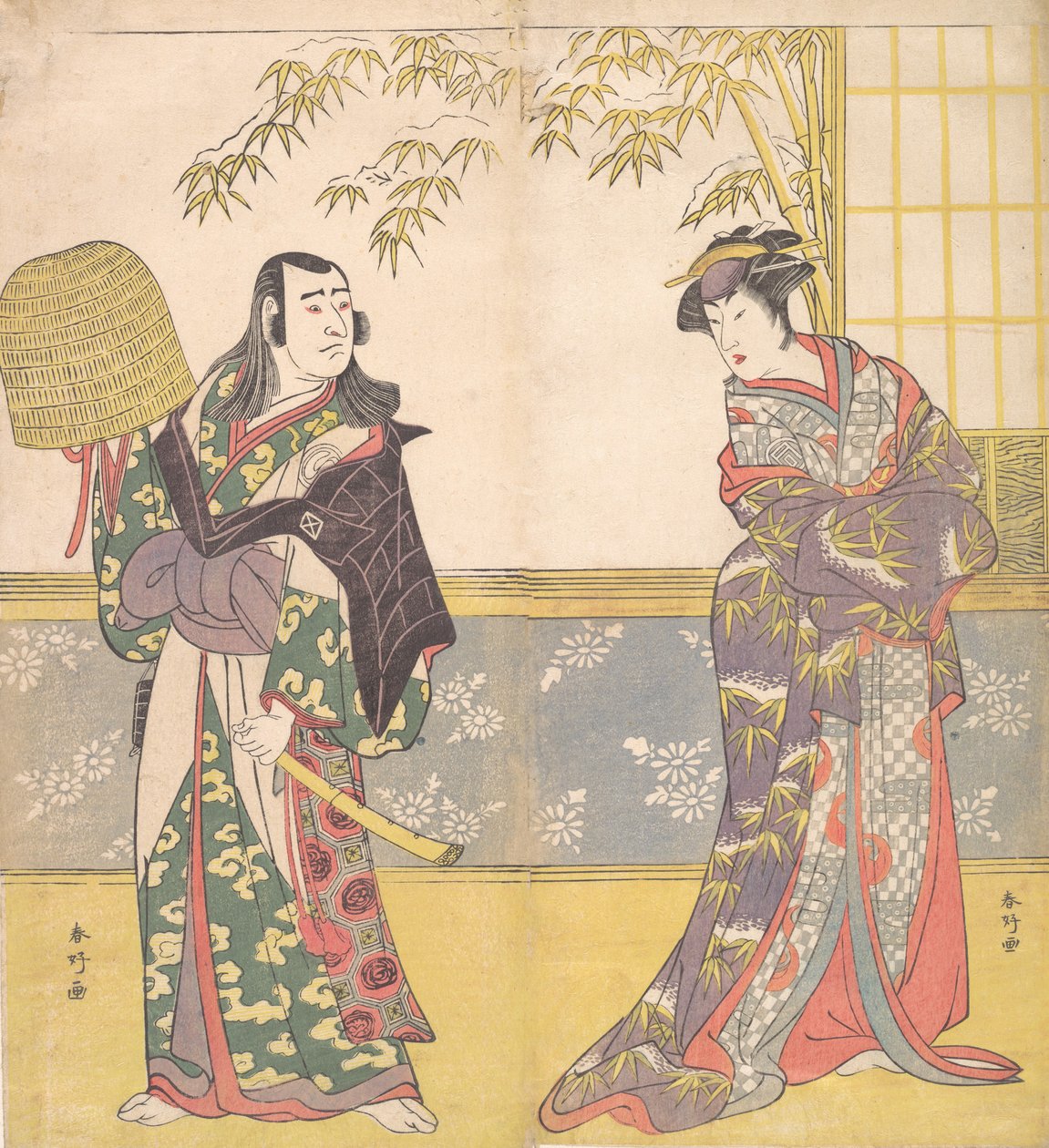 Acteurs de Kabuki Sawamura Sojuro III et Sanogawa Ichimatsu III dans Un miroir de courtisane, 1788 - Katsukawa Shunko