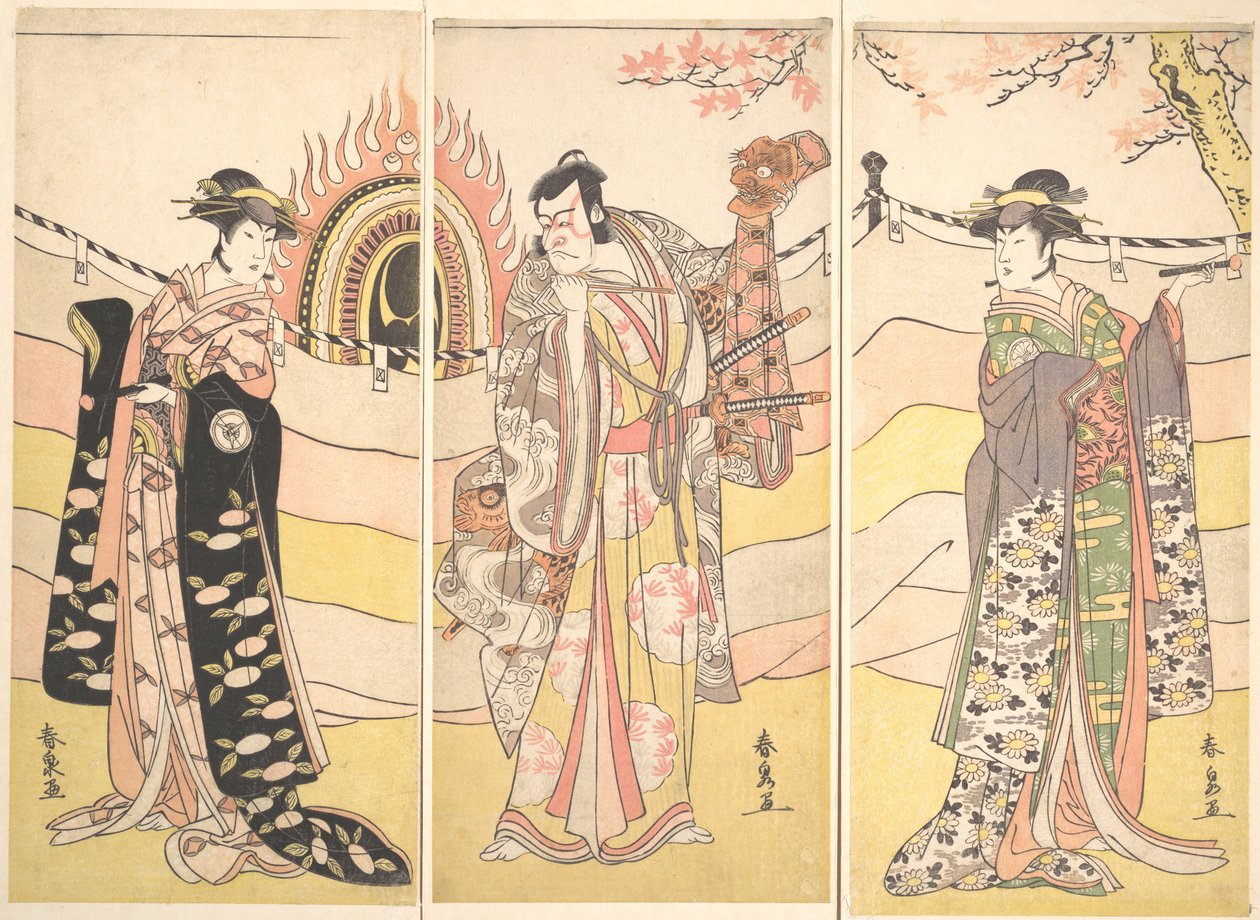 Trois acteurs en beaux costumes exécutant une danse religieuse - Katsukawa Shunsen