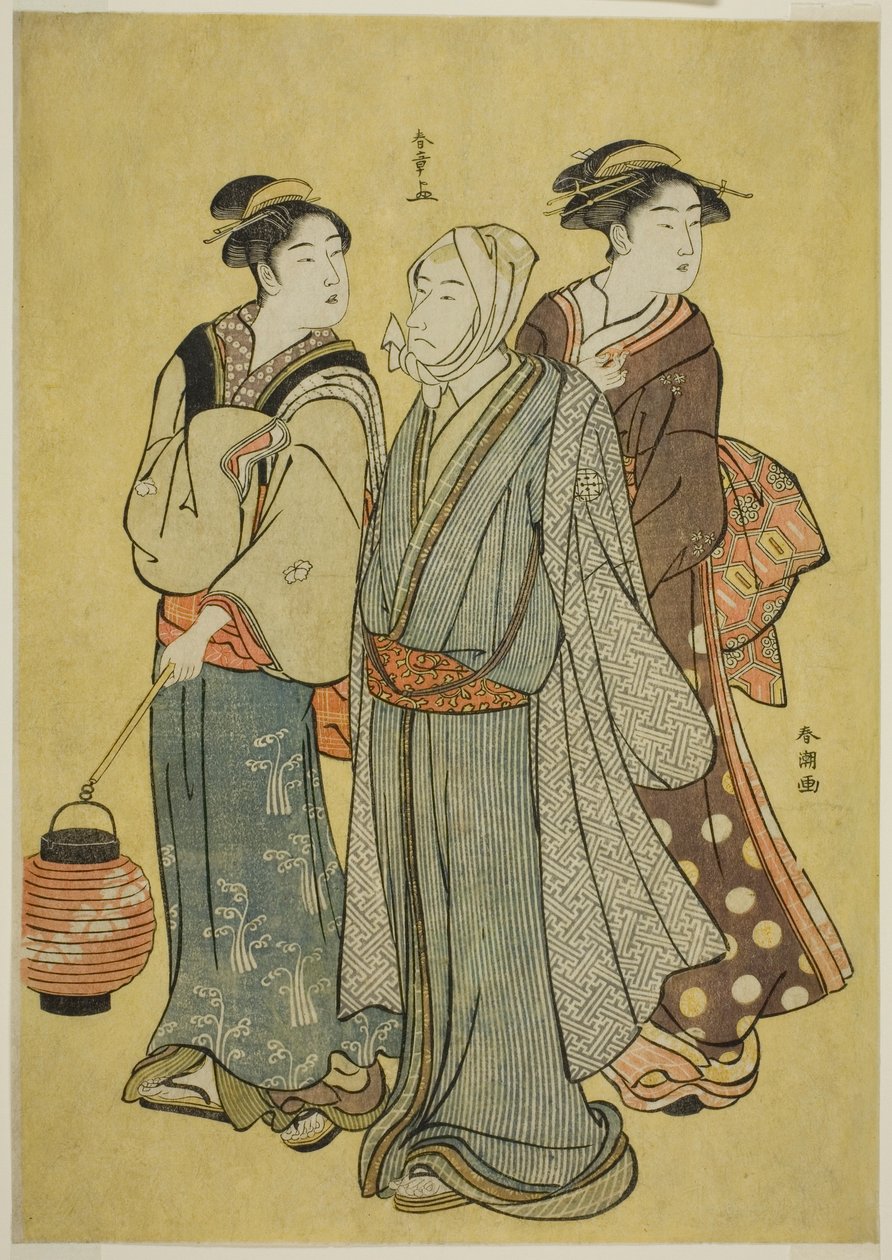Un jeune homme habillé en acteur de la famille Ichikawa (par Shunsho), une servante et une geisha (par Shuncho) - Katsukawa Shunsho