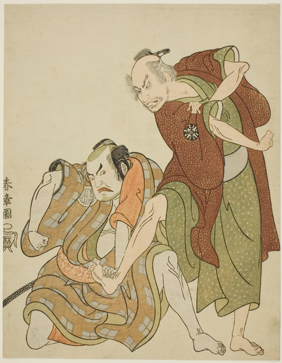 Acteurs jouant les rôles de Giheiji et de son gendre, Danshichi Kurobei - Katsukawa Shunsho