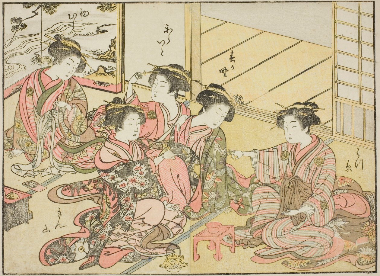 Courtisanes du Gakuiseya, du livre "Miroir des belles femmes des quartiers de plaisir (Seiro bijin awase sugata kagami)," vol. 1 - Katsukawa Shunsho