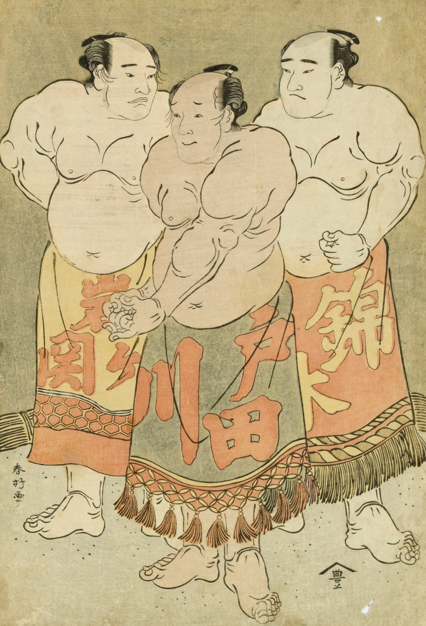 Portraits en Pied des Lutteurs Nishikigi, Todagawa et Iwagaseki se Présentant dans le Ring - Katsukawa Shunsho