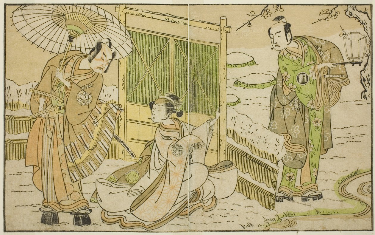 Les acteurs Arashi Sangoro II en Minamoto no Yoritomo (à droite), Segawa Kikunojo II en Yuki Onna (au centre), et Ichimura Uzaemon IX en Kajiwara Genta no Kagetoki, dans la pièce Myoto-giku Izu no Kisewata, jouée au théâtre Ichimura en novembre - Katsukawa Shunsho