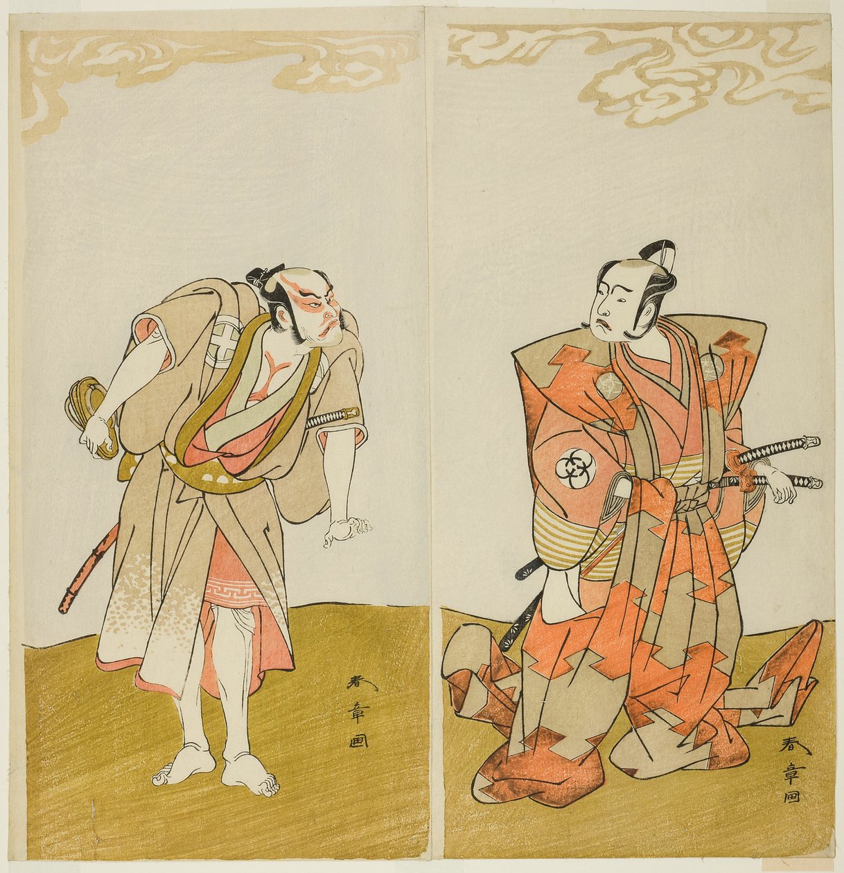 Les acteurs Bando Mitsugoro I comme Hata no Kawakatsu (à droite), et Otani Hiroemon III comme le valet (Yakko) Gansuke (à gauche), dans la pièce Miya-bashira Iwao no Butai, jouée au théâtre Morita à partir du quinzième jour de t - Katsukawa Shunsho