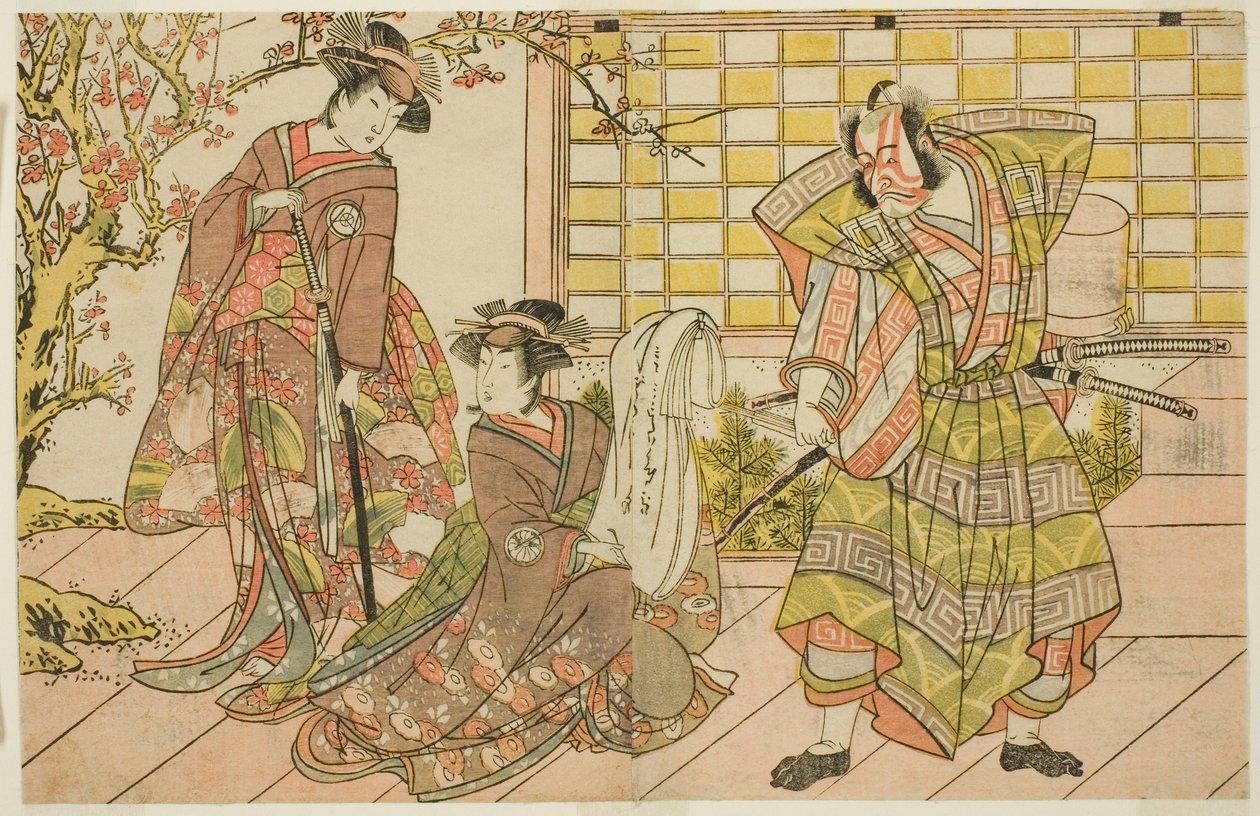 Les acteurs Ichikawa Danjuro V en Miura Kunitae (à droite), Segawa Kikunojo III en Yasukata (au centre), et Iwai Hanshiro IV en Utou (à gauche), dans la pièce Godai Genji Mitsugi no Furisode, jouée au Théâtre Nakamura en novembre 1782 - Katsukawa Shunsho