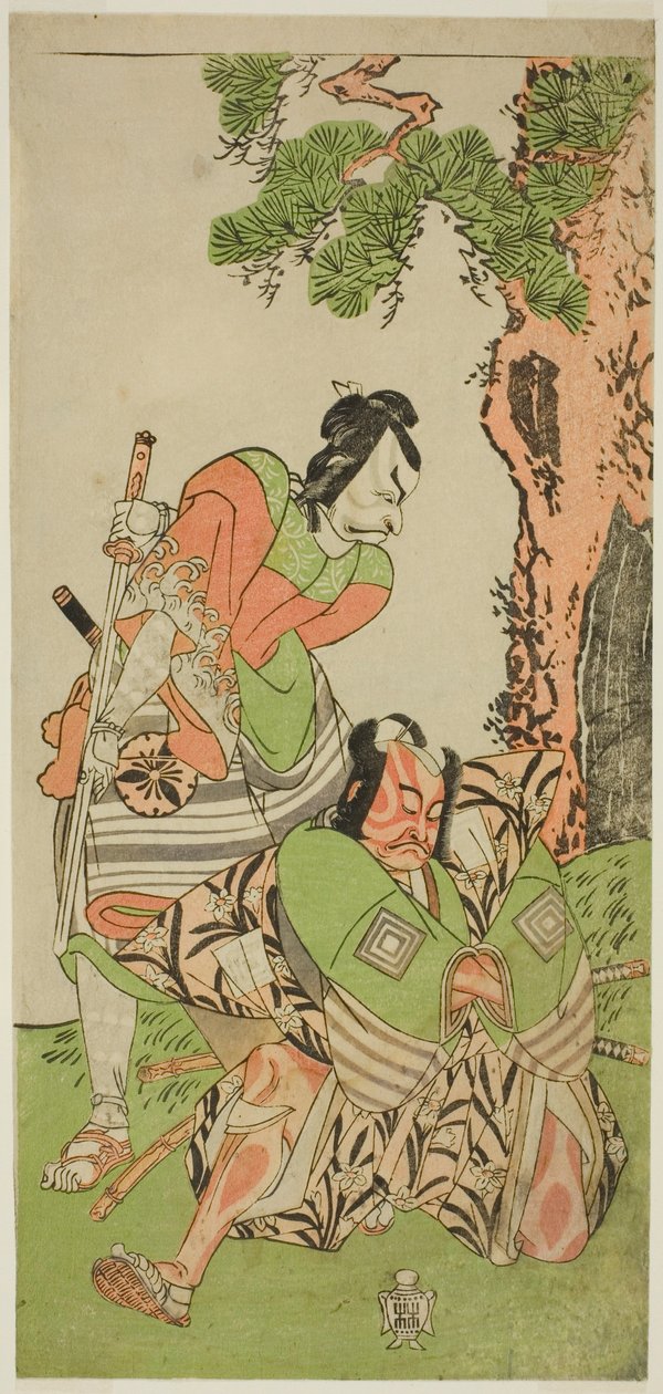Les acteurs Ichikawa Danzo III comme I no Hayata Tadazumi (à droite), et Matsumoto Koshiro II comme Osada no Taro Kagemune déguisé en Yatsurugi Zaemon (à gauche), dans la pièce Nue no Mori Ichiyo no Mato, jouée au théâtre Nakamura en novembre 1770 - Katsukawa Shunsho