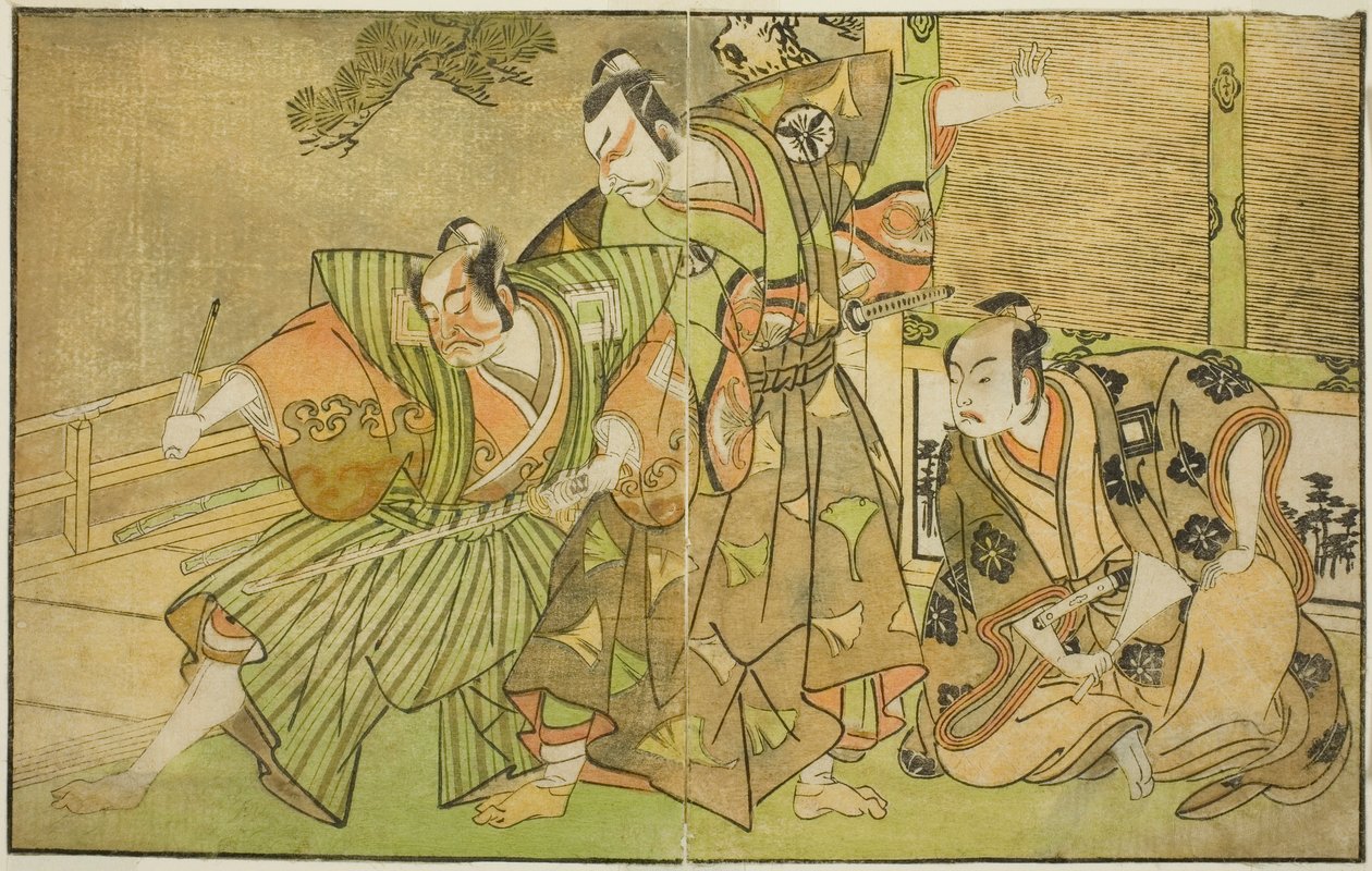 Les acteurs Ichikawa Komazo II comme Minamoto no Yorimasa (à droite), Matsumoto Koshiro II comme Osada no Taro Kagemune déguisé en Yatsurugi Zaemon (au centre), et Ichikawa Danzo III comme I no Hayata Tadazumi (à gauche), dans la pièce Nue no Mori Ichiyo n - Katsukawa Shunsho