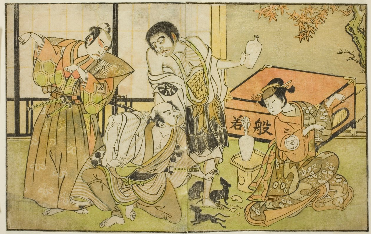 Les Acteurs Iwai Hanshiro IV comme Otatsu-gitsune, Nakamura Nakazo I comme Raigo Ajari, Sakata Tojuro III comme Kamada Gon-no-kami Masayori, et Ichikawa Yaozo II comme Sakon-gitsune (de droite à gauche), dans la pièce "Nue no Mori Ichiyo no Mato," jouée au - Katsukawa Shunsho