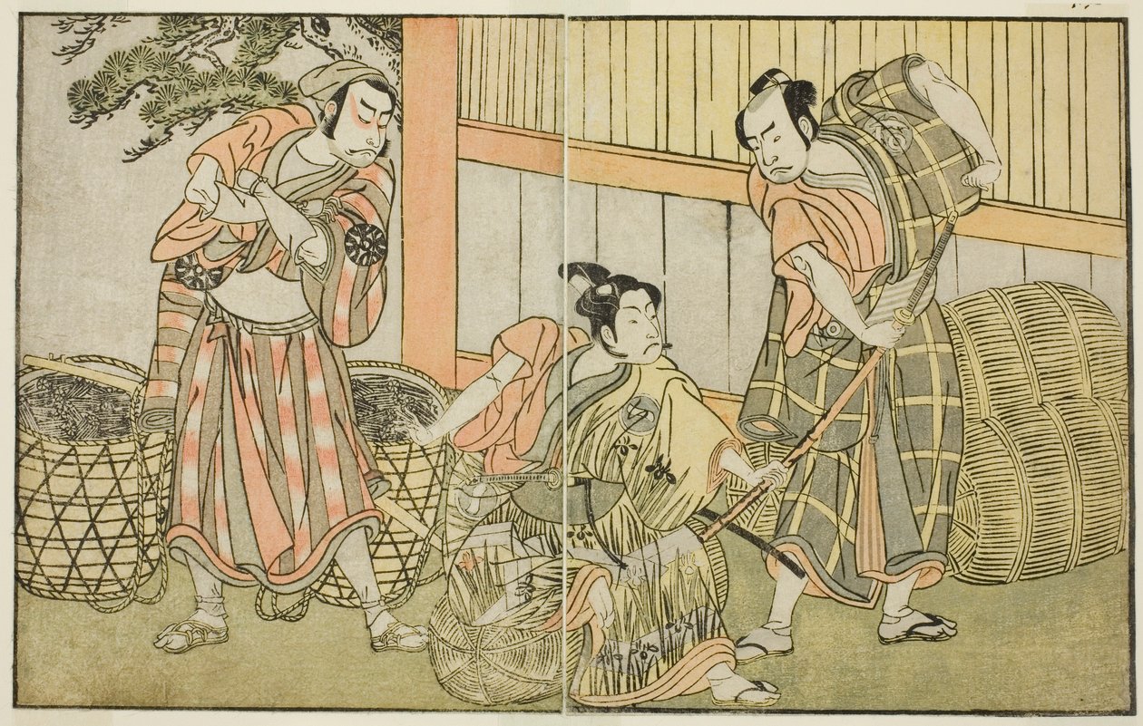 Les acteurs Kasaya Matakuro II comme Hagun Taro (à droite), Ichikawa Monnosuke II comme Izutsu no Suke Narihira (au centre), et Nakamura Nakazo I comme Kose no Kanaoka déguisé en Sogoro le charbonnier, dans la pièce Kuni no Hana Ono no Itsumoji, jouée au N - Katsukawa Shunsho