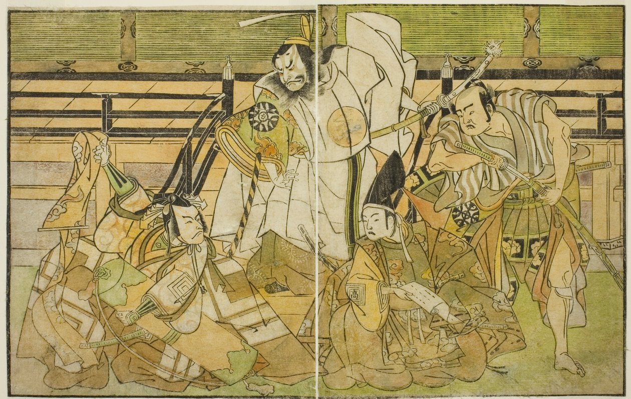 Les acteurs Nakamura Denkuro II comme Seno-o Taro, Ichikawa Komazo II comme Yorimasa, Nakamura Nakazo I comme Taira no Kiyomori, et Ichikawa Danjuro V comme Kiou Takiguchi (de droite à gauche), dans la pièce Nue no Mori Ichiyo no Mato, jouée au théâtre Nak - Katsukawa Shunsho