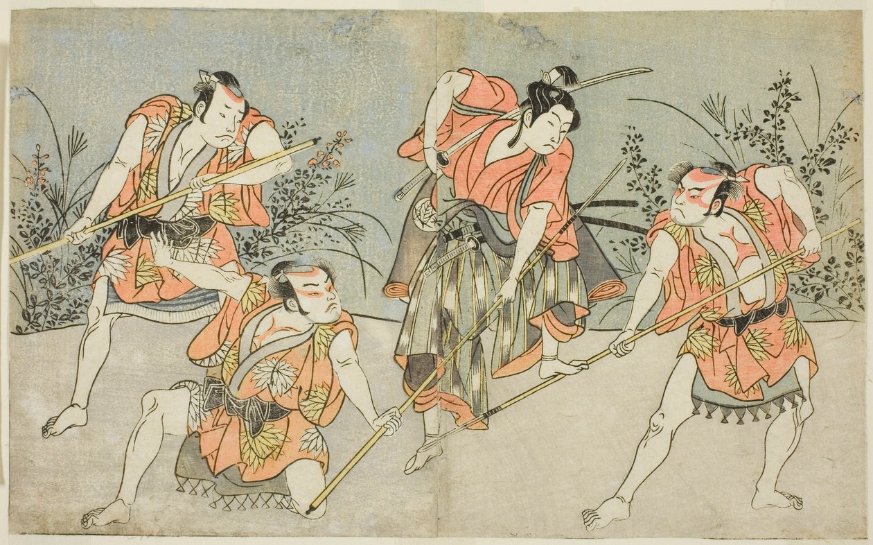 Les Acteurs Nakamura Kashiwagi en Wakashu (deuxième à droite), et Trois Acteurs Non Identifiés en Yakko - Katsukawa Shunsho