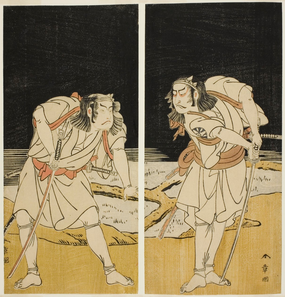 Les acteurs Nakamura Nakazo I en tant que Omi no Kotoda (à droite), et Otani Hiroji III en tant que Bamba no Chuda (à gauche), dans le Joruri "Sono Chidori Yowa no Kamisuki" (Les Pluviers : Peigner les cheveux à minuit), de la deuxième partie de la pièce O - Katsukawa Shunsho