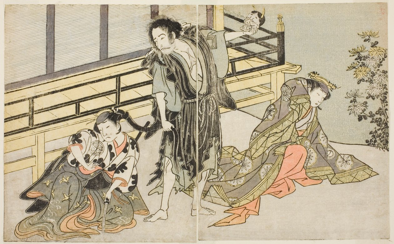 Les acteurs Nakamura Noshio I comme Nyosan no Miya (à droite), Ichikawa Danjuro V comme le moine renégat Yochin (au centre), et Yamashita Kinsaku II comme la servante Mutsuhana (à gauche), dans la pièce Fuki Kaete Tsuki mo Yoshiwara, jouée au théâtre Morit - Katsukawa Shunsho