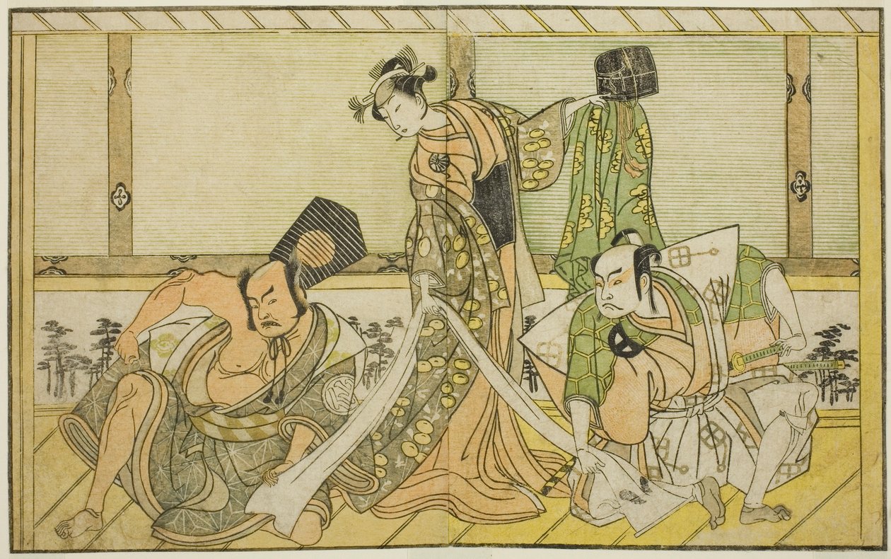 Les Acteurs Otani Hiroji III en Kawazu no Saburo (à droite), Segawa Kikunojo II en Princesse Tatsu (Tatsu Hime) (au centre), et Nakamura Sukegoro II en Matano no Goro (à gauche), dans la pièce Myoto-giku Izu no Kisewata, jouée au Théâtre Ichimura en onzièm - Katsukawa Shunsho