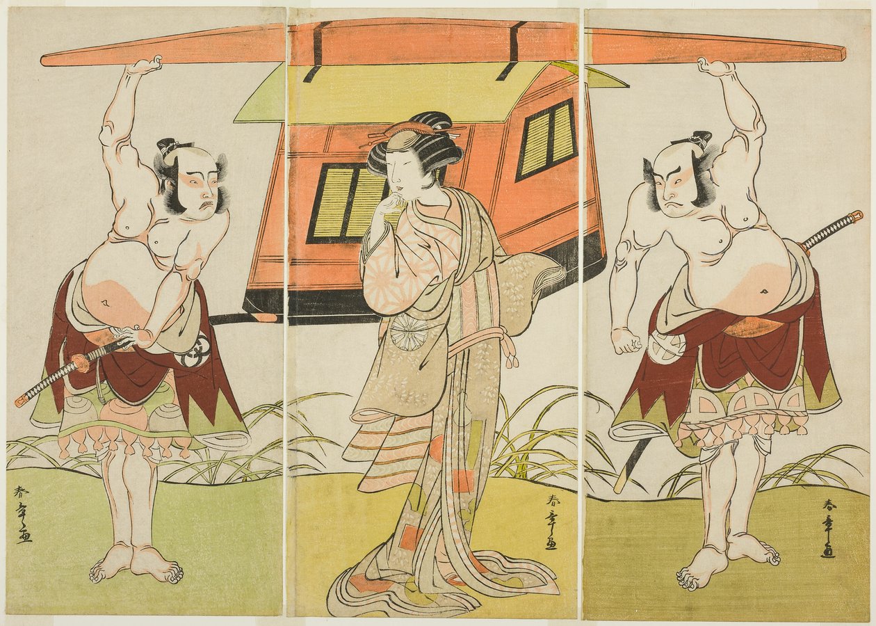 Les acteurs Otani Hiroji III comme Yokambei (à droite), Nakamura Tomijuro I comme Kuzunoha (au centre), et Bando Mitsugoro I comme Yakambei (à gauche), dans la dernière scène de la pièce Shinodazuma (La femme de la forêt de Shinoda), jouée en supplément de - Katsukawa Shunsho