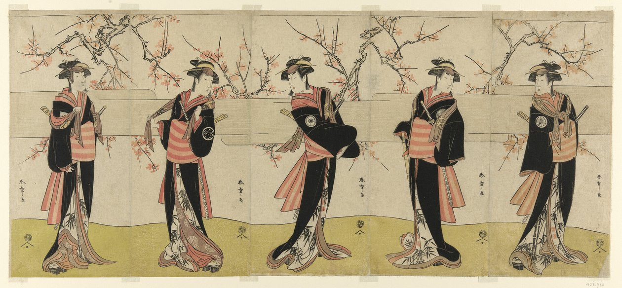 Les acteurs Segawa Kikunojo III en Karigane Obun, Nakayama Tomisaburo I en An no Oyasu, Iwai Kiyotaro II en Kaminari no Osha, Nakayama Tatezo I en Gokuin no Osen, et Ichikawa Monnosuke II en Hotei no Oichi (de droite à gauche), dans "Gonin Onna," scène une - Katsukawa Shunsho