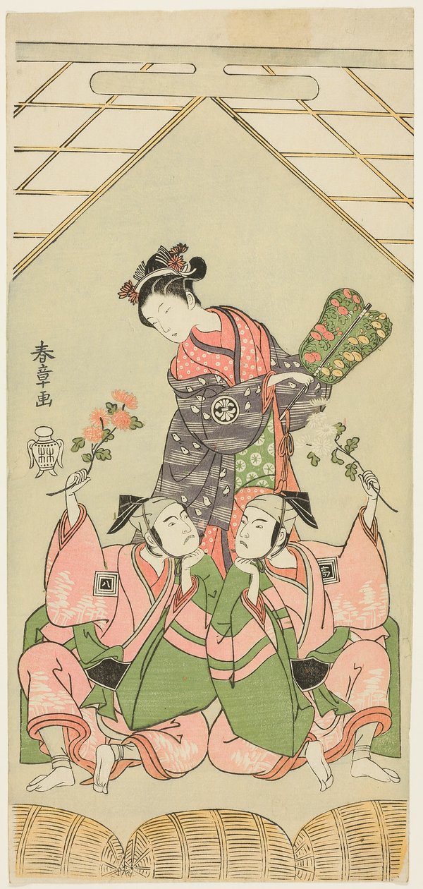 Les acteurs Segawa Kikunojo II en tant que nourrice Reizei, Ichikawa Komazo I en tant que Suruga no Hachiro déguisé en joueur de shamisen Kichiroku (à droite), et Ichikawa Yaozo II en tant que Tada no Kurando déguisé en porteur de palanquin Kichinai (à gau - Katsukawa Shunsho