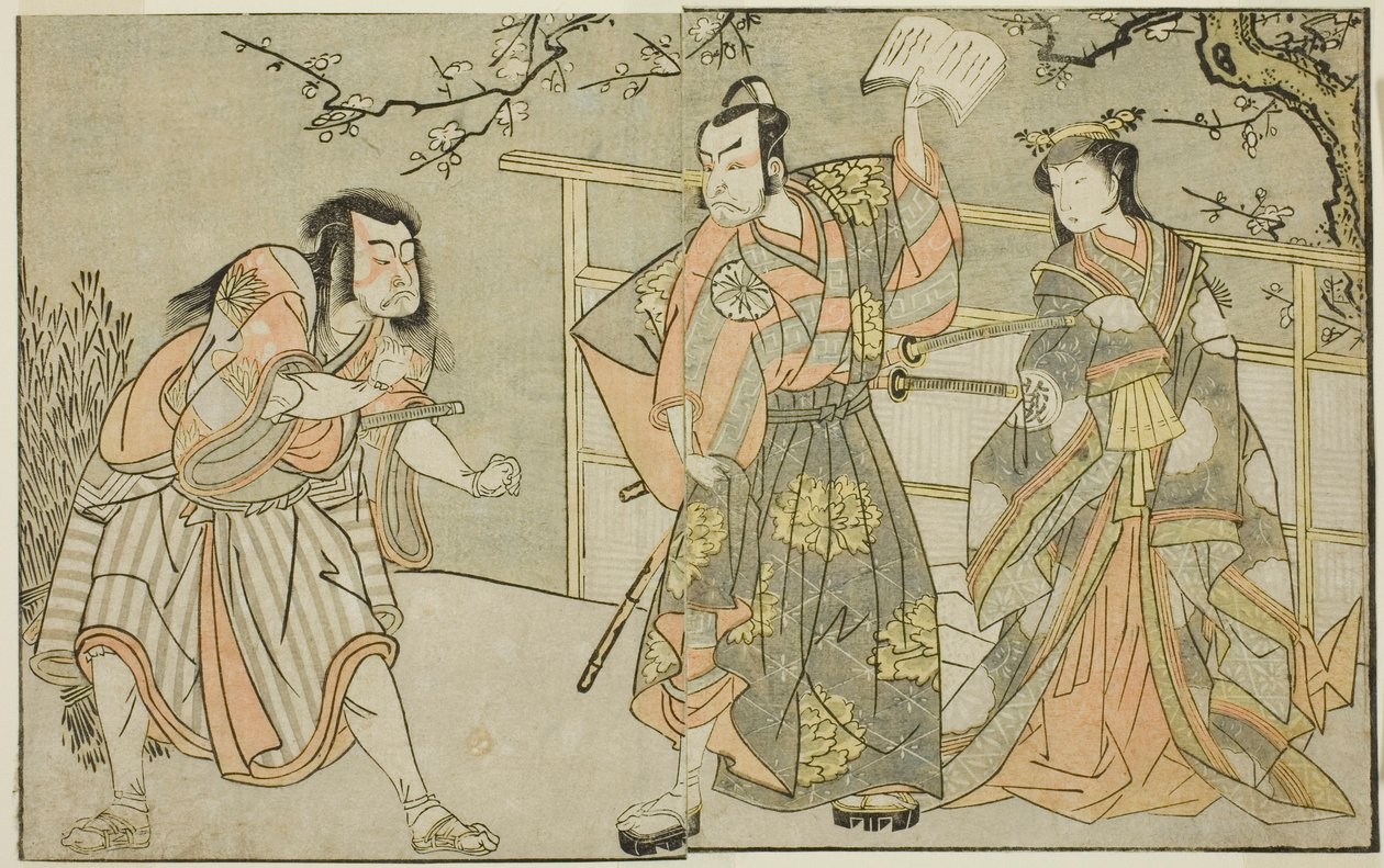 Les Acteurs Yamashita Yaozo I comme Ono no Komachi (à droite), Matsumoto Koshiro II comme Godai Saburo (au centre), et Ichikawa Danzo III comme Otomo no Kuronushi (à gauche), dans la pièce "Kuni no Hana Ono no Itsumoji," jouée au Théâtre Nakamura en novemb - Katsukawa Shunsho