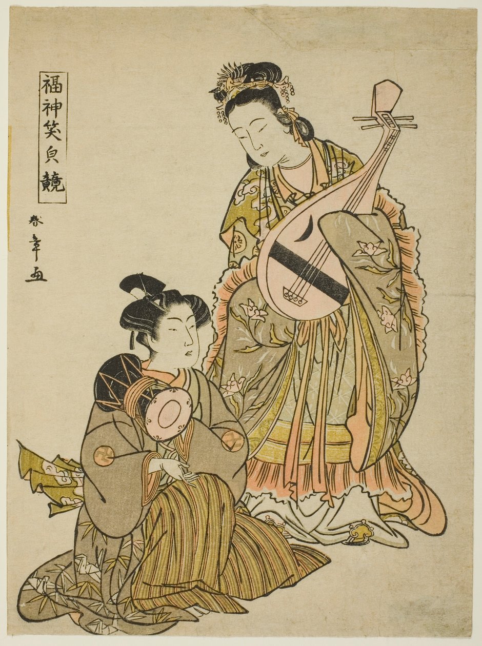 La déesse Benten tenant un biwa et un jeune homme tenant un tambour d