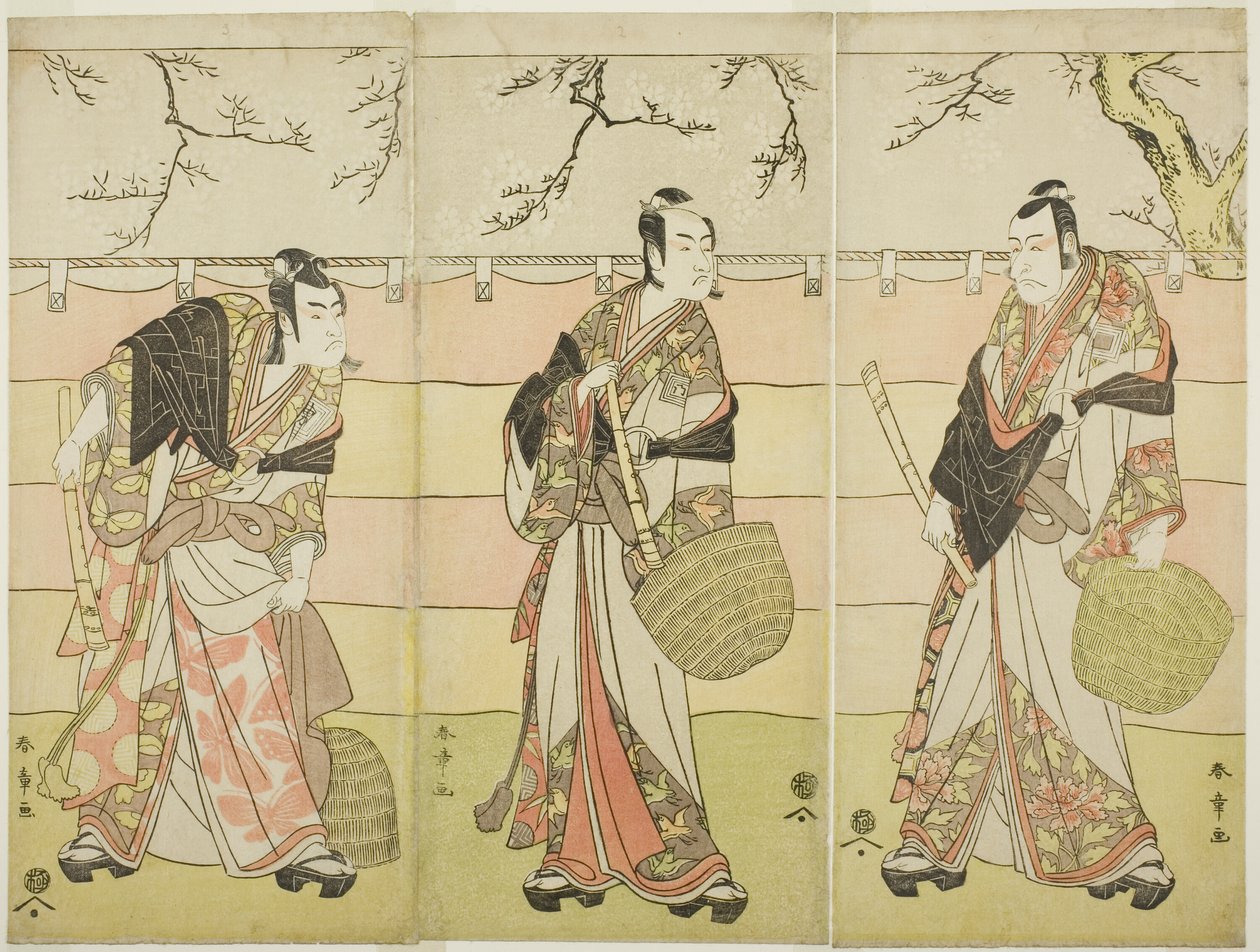 Trois moines Komuso : Les acteurs Ichikawa Ebizo (Danjuro V) en Kudo Suketsune (à droite), Ichikawa Monnosuke II en Soga no Juro Sukenari (au centre), et Ichikawa Omezo I en Soga no Goro Tokimune (à gauche), dans l