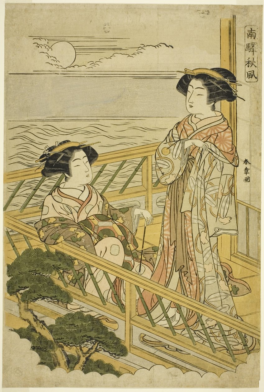 Deux courtisanes sur un balcon au clair de lune dans une maison de plaisir à Shinagawa, de la série Nan