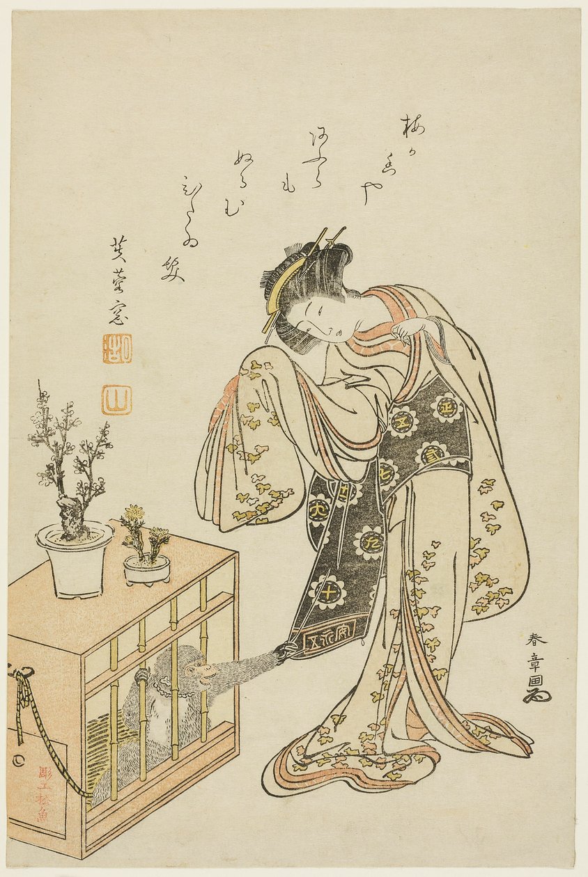 Jeune femme avec un singe en cage (impression de calendrier pour le Nouvel An 1776) - Katsukawa Shunsho
