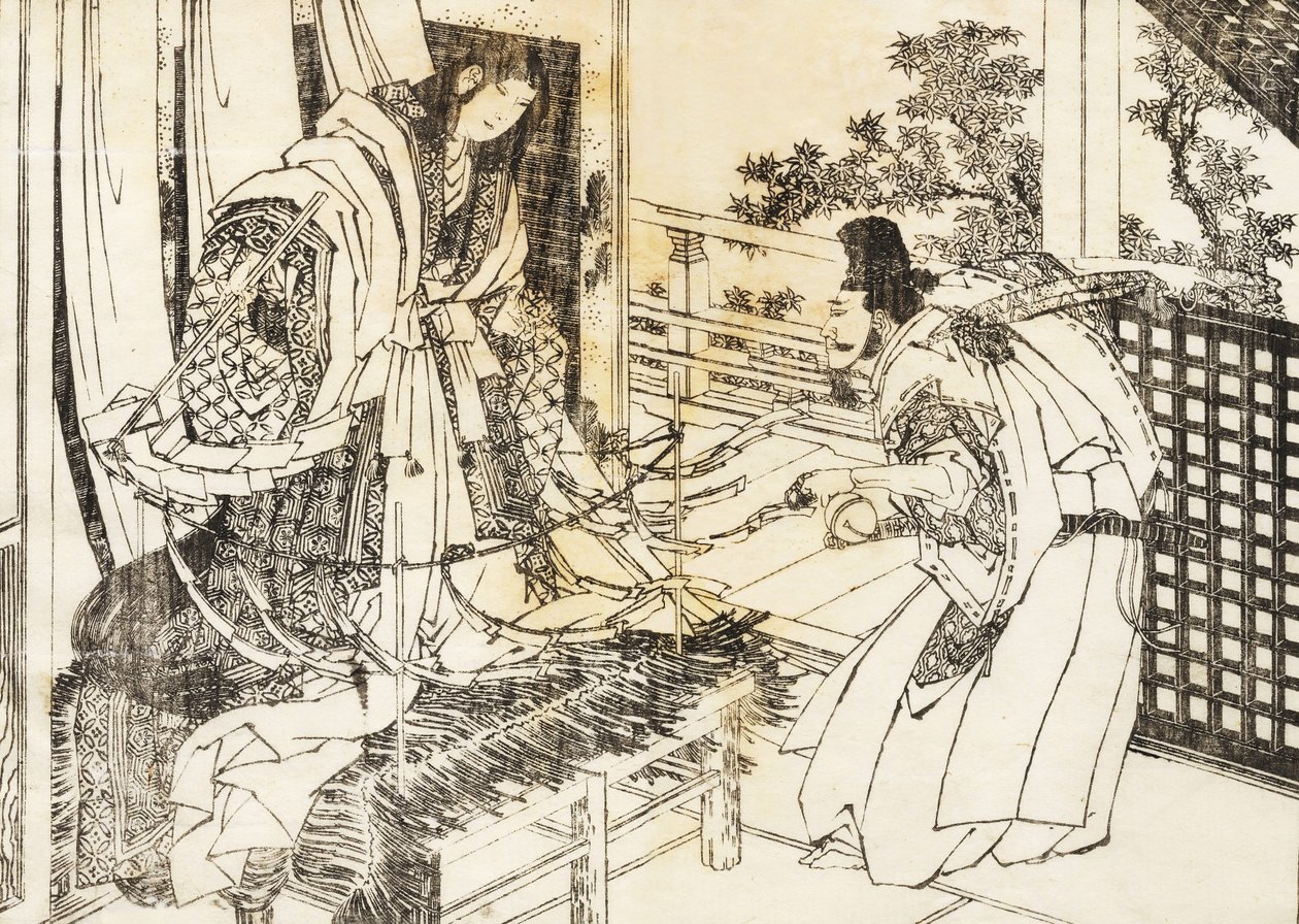 Une Femme dans un Sanctuaire Shinto avec un Bâton et Beaucoup de Feuilles de Papier - Katsushika Hokusai