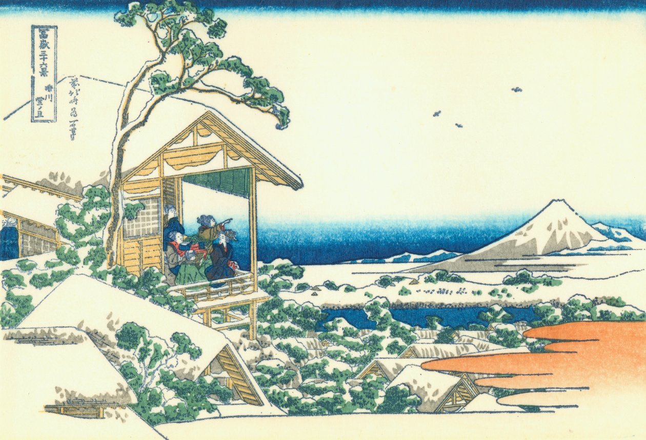 Maison de thé à Koishikawa. Le matin après une chute de neige - Katsushika Hokusai