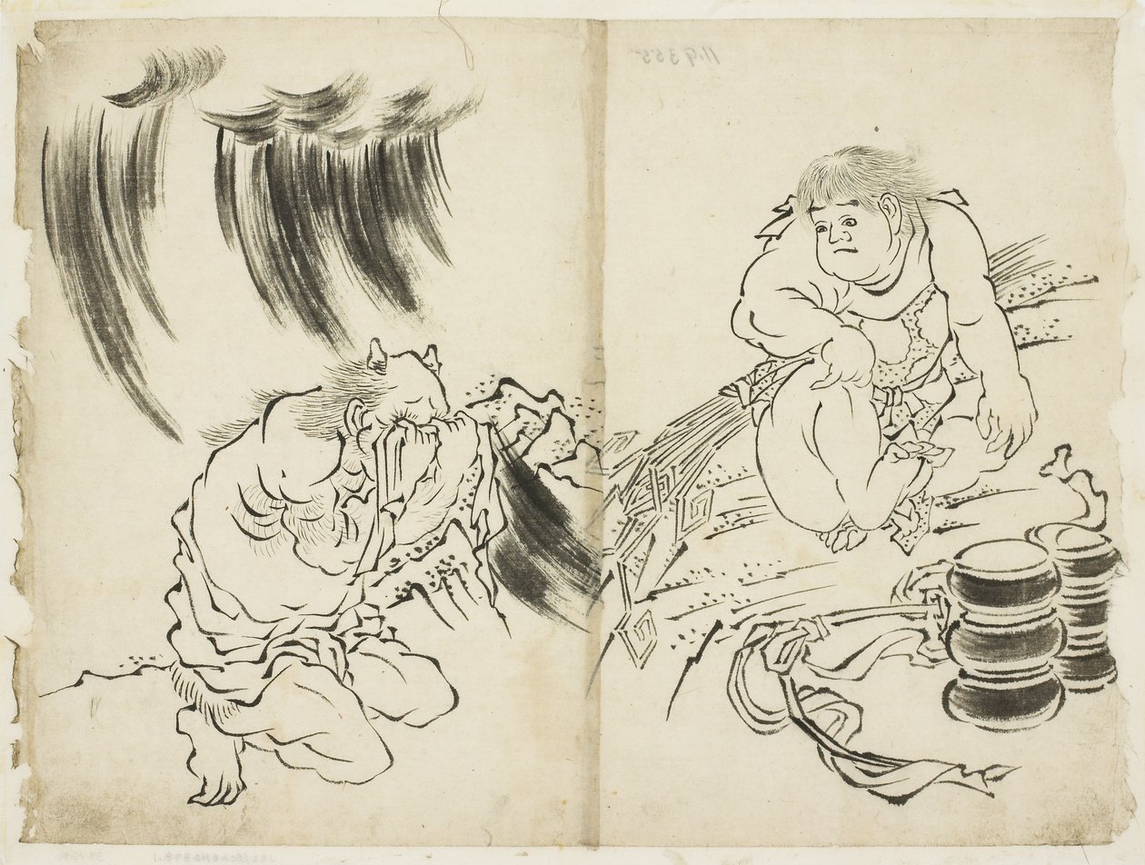 Personnification de la tempête avec Kintaro et Oni pleurant, c.1815-1849 - Katsushika (school of) Hokusai