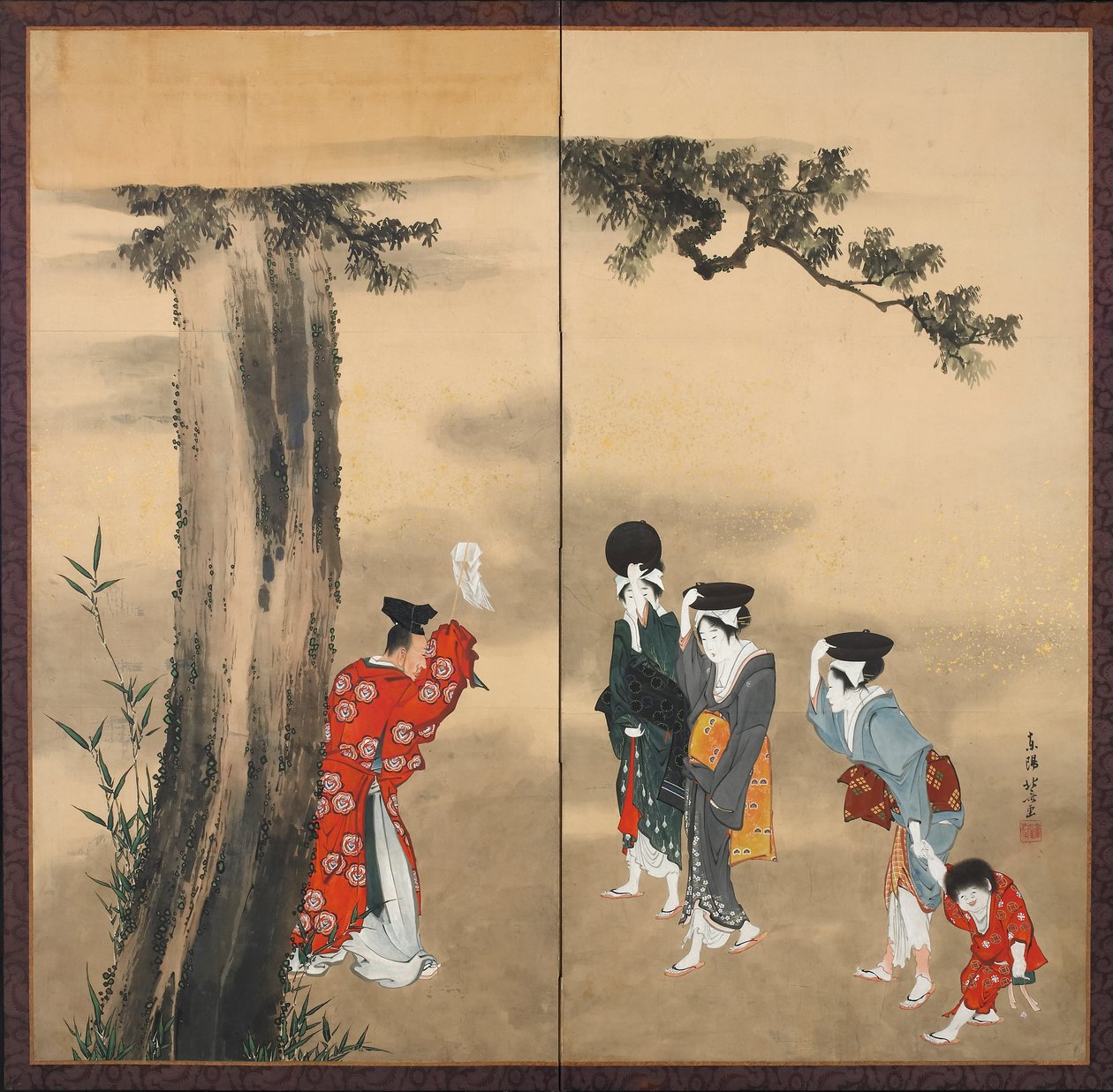 Un prêtre shinto, trois femmes et un enfant, période Edo, vers 1799 - Katsushika Hokusai