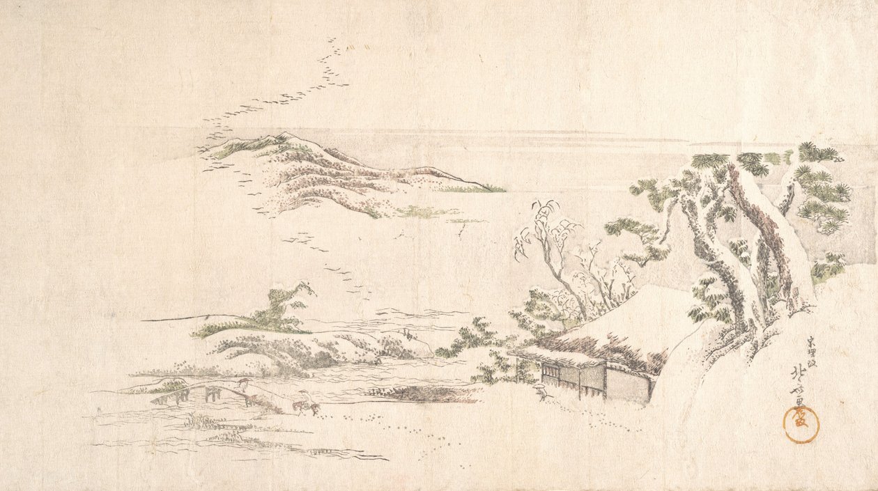 Paysage enneigé avec nuages gris - Katsushika Hokusai