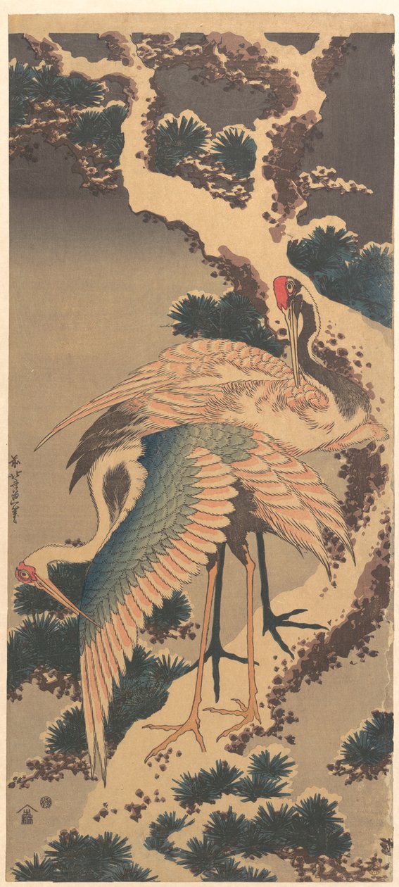 Des grues sur une branche de pin enneigée - Katsushika Hokusai