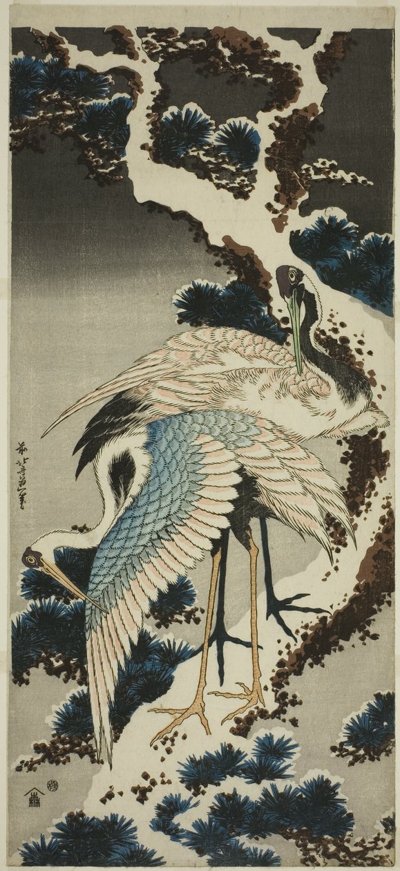 Grues sur un pin couvert de neige - Katsushika Hokusai