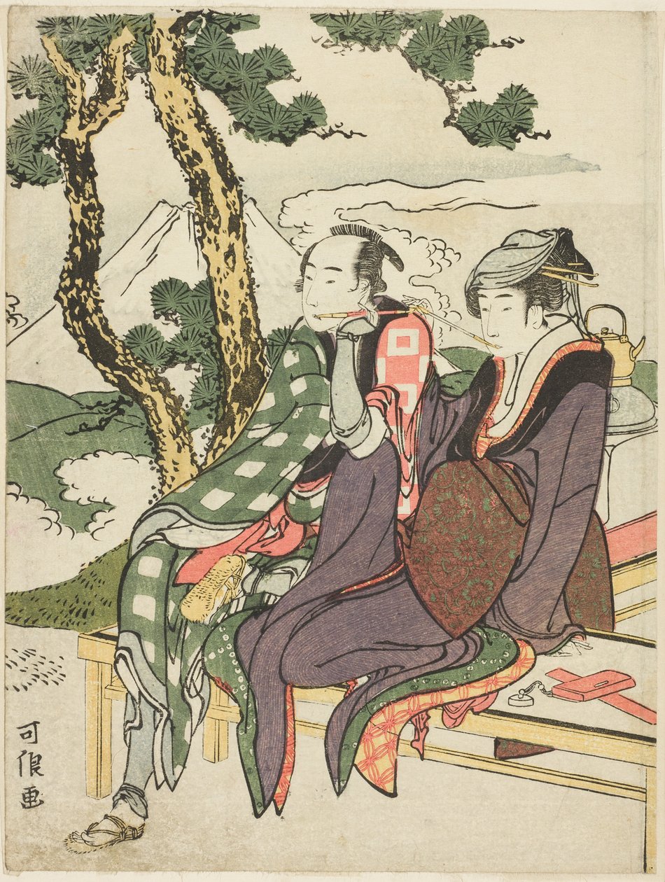 Lueur du soir pour Date no Yosaku et Seki no Koman, de la série sans titre connue sous le nom de "Huit vues des amants tragiques (Michiyuki hakkei)" - Katsushika Hokusai