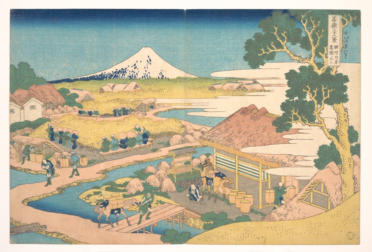 Le mont Fuji vu depuis les plantations de thé de Katakura à Suruga (Sunshū Katakura chaen no Fuji), tiré de la série « Les trente-six vues du mont Fuji » (Fugaku sanjūrokkei) - Katsushika Hokusai