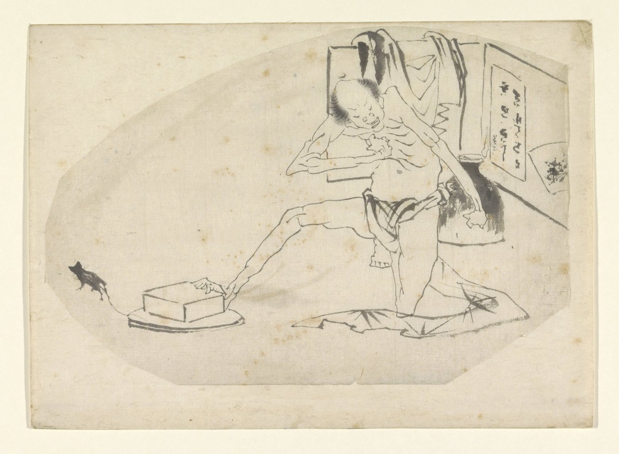 Homme en pagne, une boîte et une souris - Katsushika Hokusai
