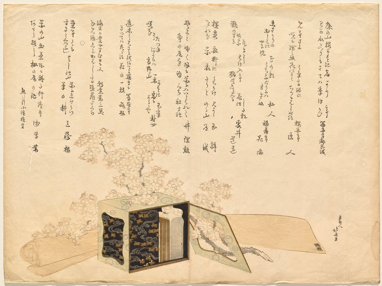 Porte-pique-nique en laque portable et fleurs de cerisier - Katsushika Hokusai