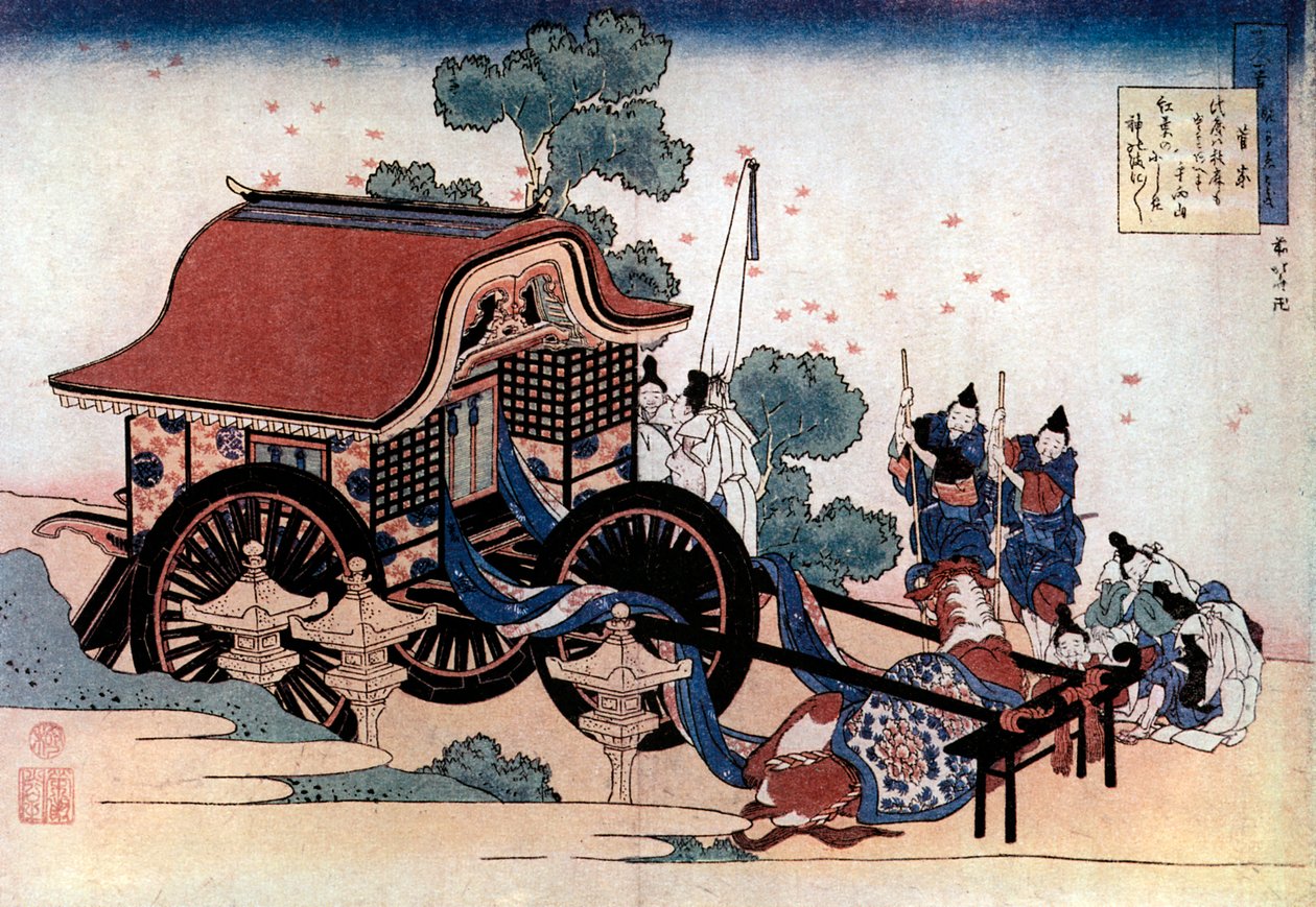 Tirant une voiture à trois roues, estampe japonaise, vers 1780-1849 - Katsushika Hokusai