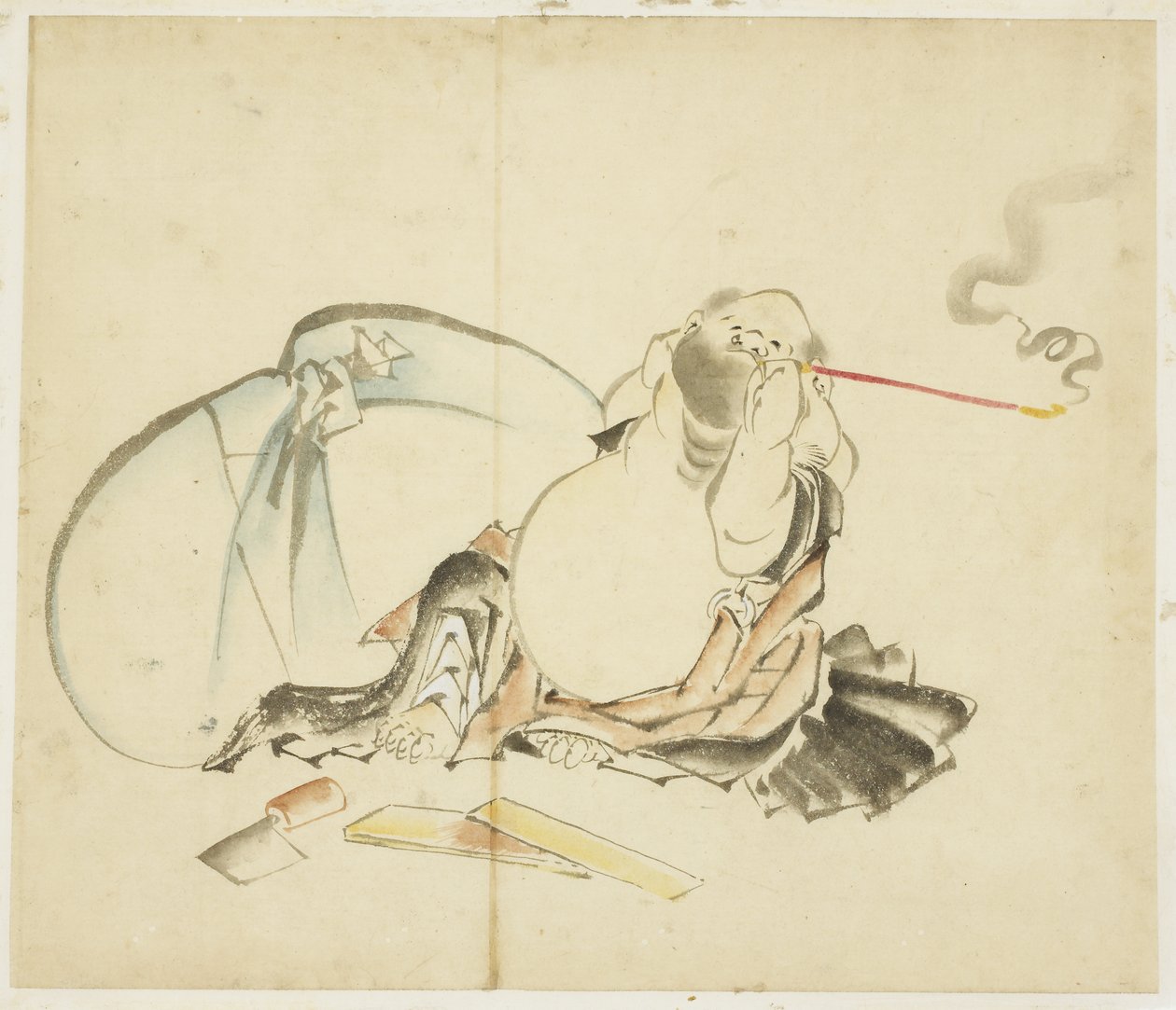 Hotei assis fumant une pipe - Katsushika Hokusai