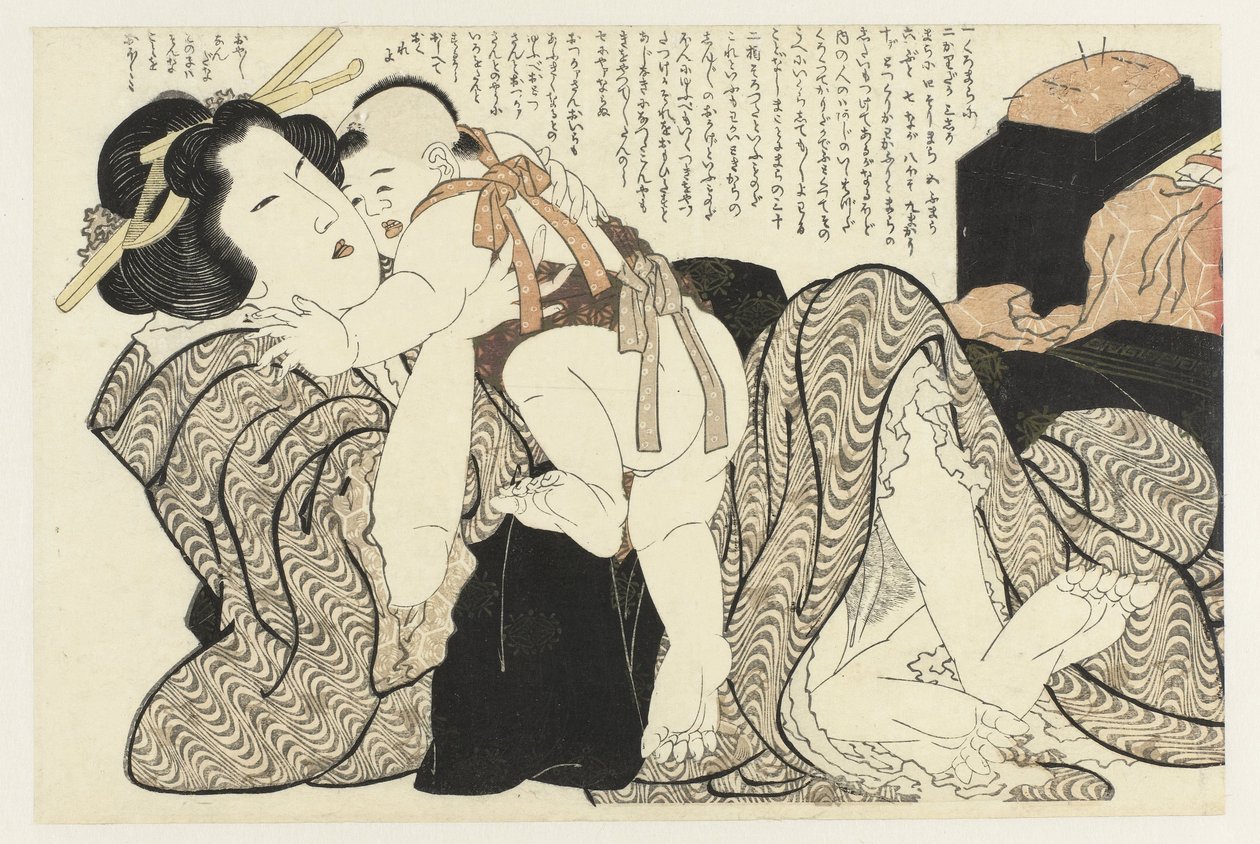 Femme avec enfant (De Adonis plant) - Katsushika Hokusai