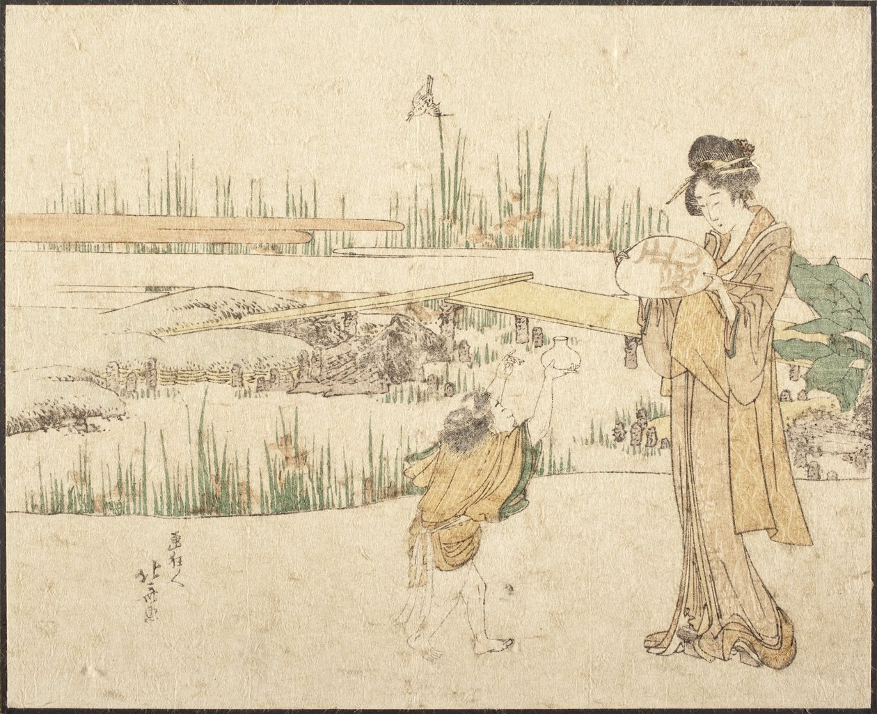 Femme et enfant dans un jardin ; fragment représentant un vendeur de poissons rouges - Katsushika Hokusai