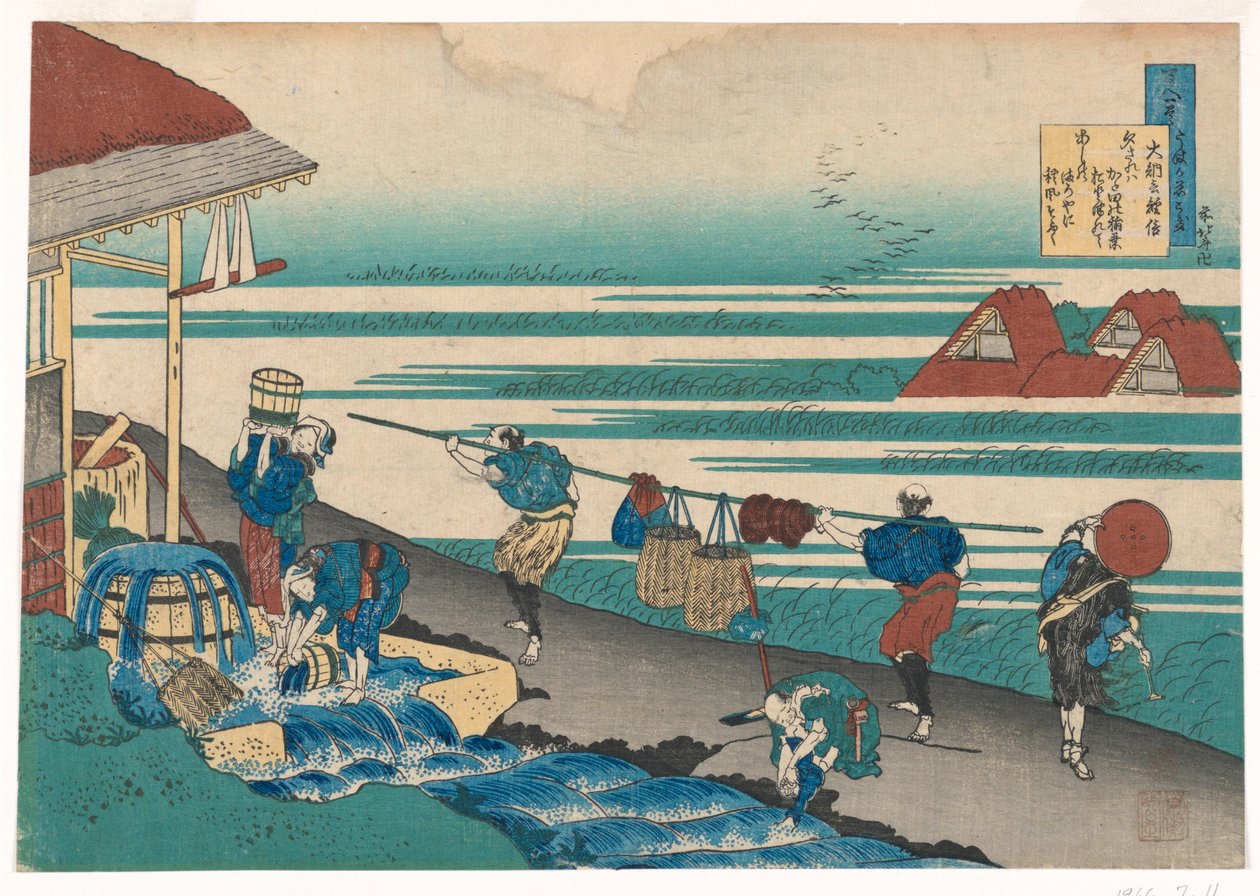 Travailleurs, au bord de la mer, teignant des tissus, de Hyakunin, Cent poèmes expliqués par la nourrice - Katsushika Hokusai