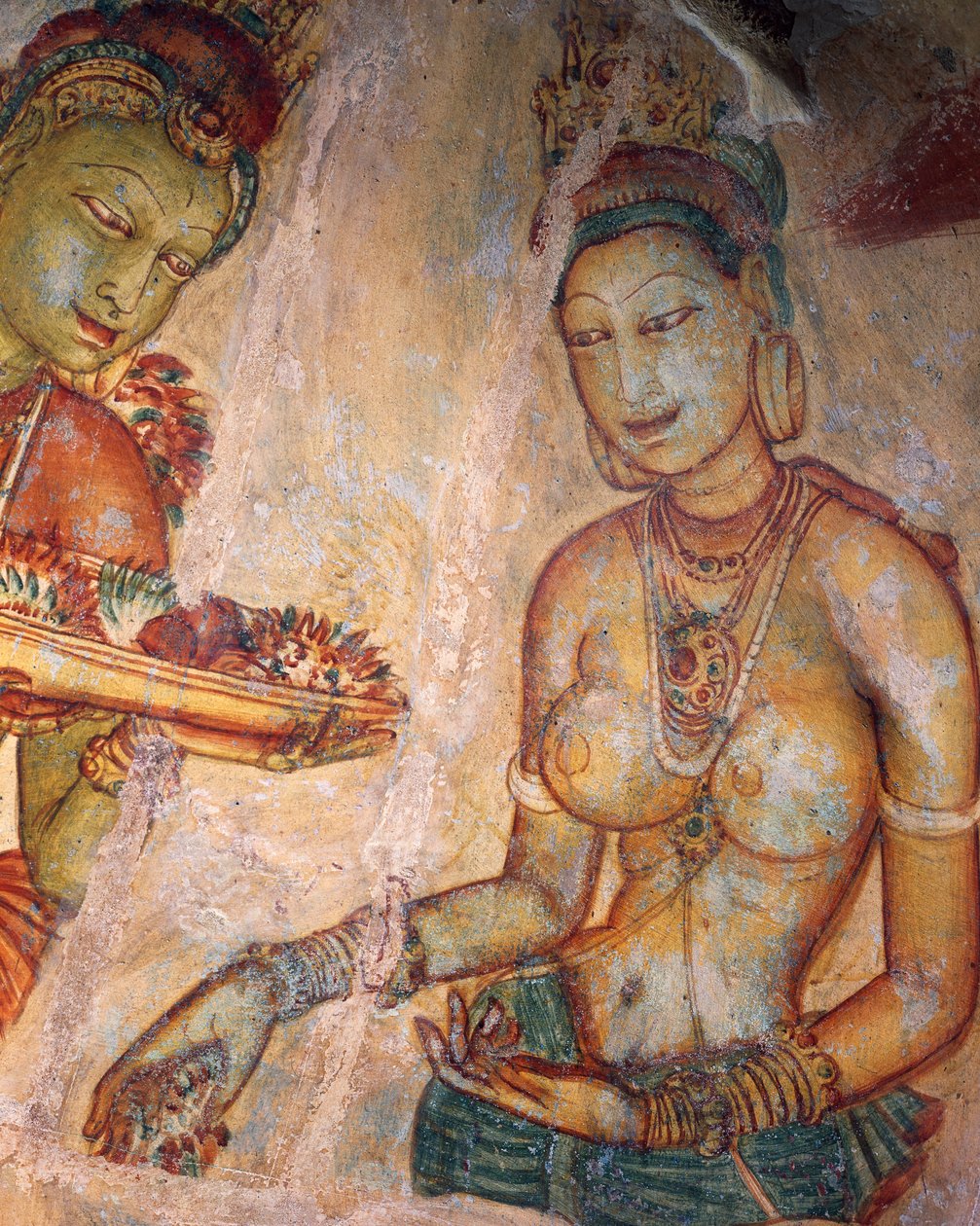 Apsaras, nymphe céleste offrant des fleurs, fresque, citadelle fortifiée de Sigiriya (Liste du patrimoine mondial de l